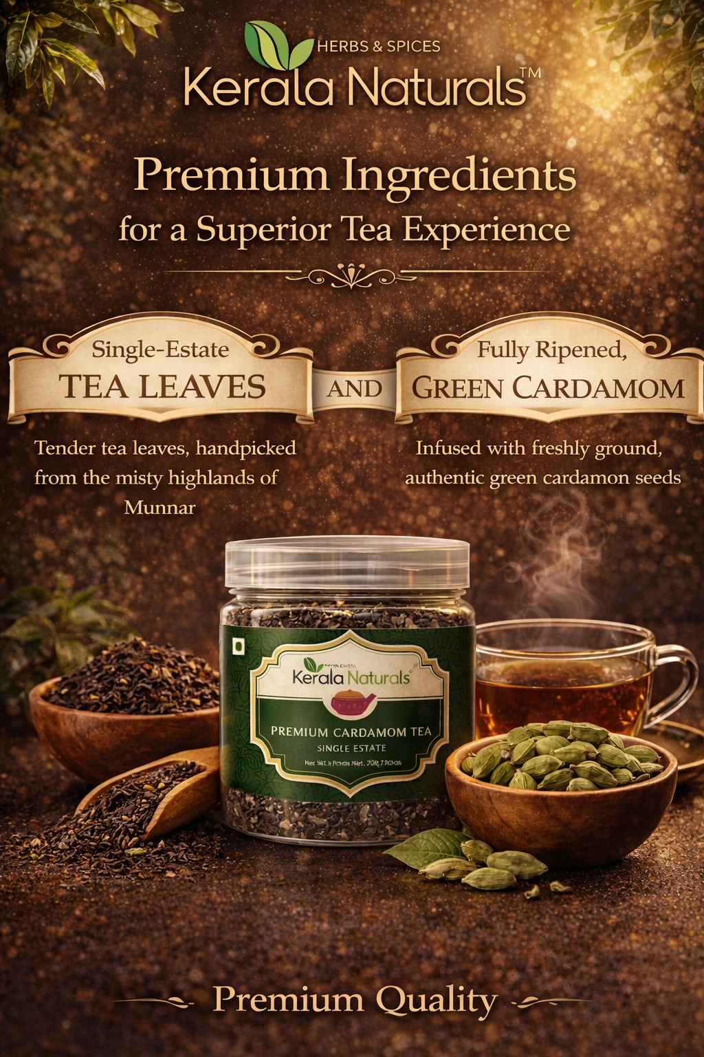 Superior cardamom tea made with premium Munnar tea leaves